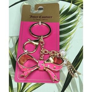 RARE Juicy Couture BOW Keychain Bag Charm Hot Pink Enameled Heart Pearl BLING
